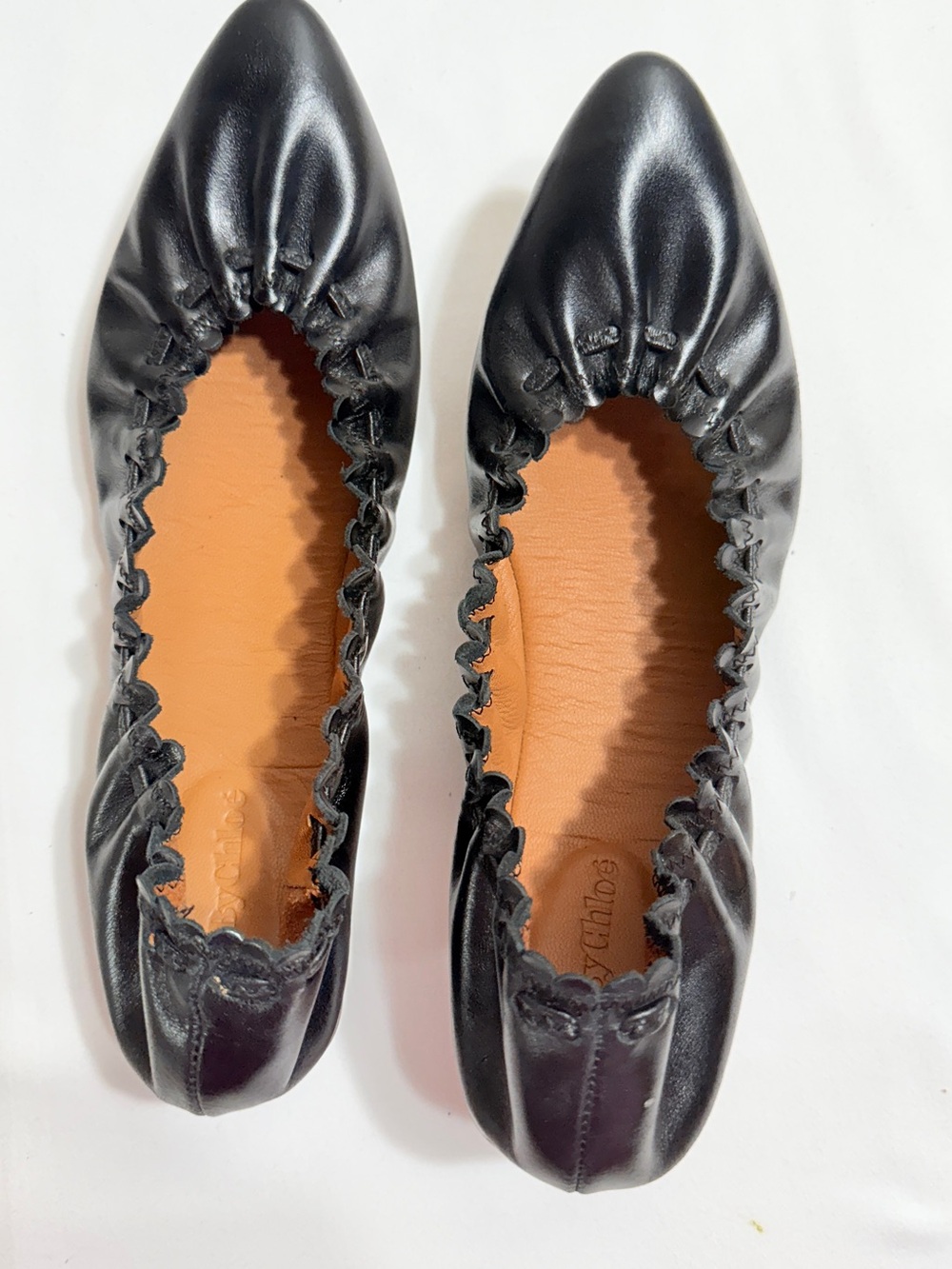 See by Chloé Black Leather Pointed Ballet Flats Gathered Spain EU 40
